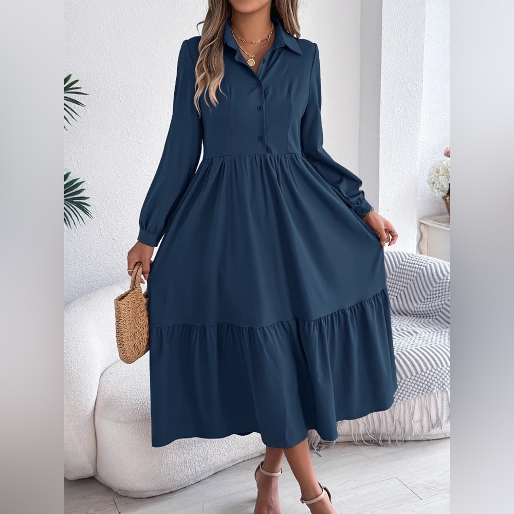 Long Sleeve Tiered Button Front Midi Dress